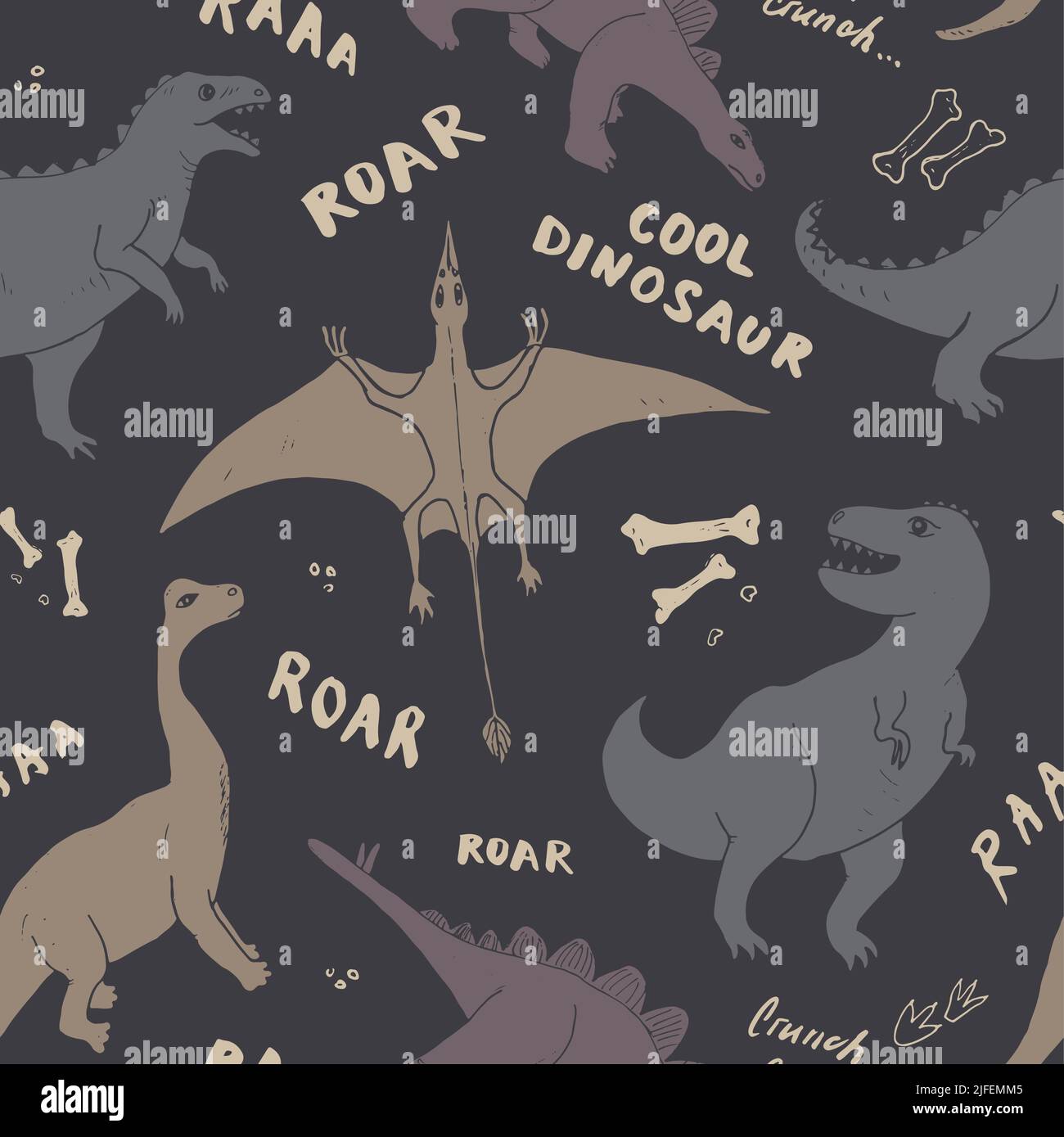 Dino Seamless Pattern, Cute Cartoon Dinosaurs Doodles Vector Illustration. Illustrazione Vettoriale