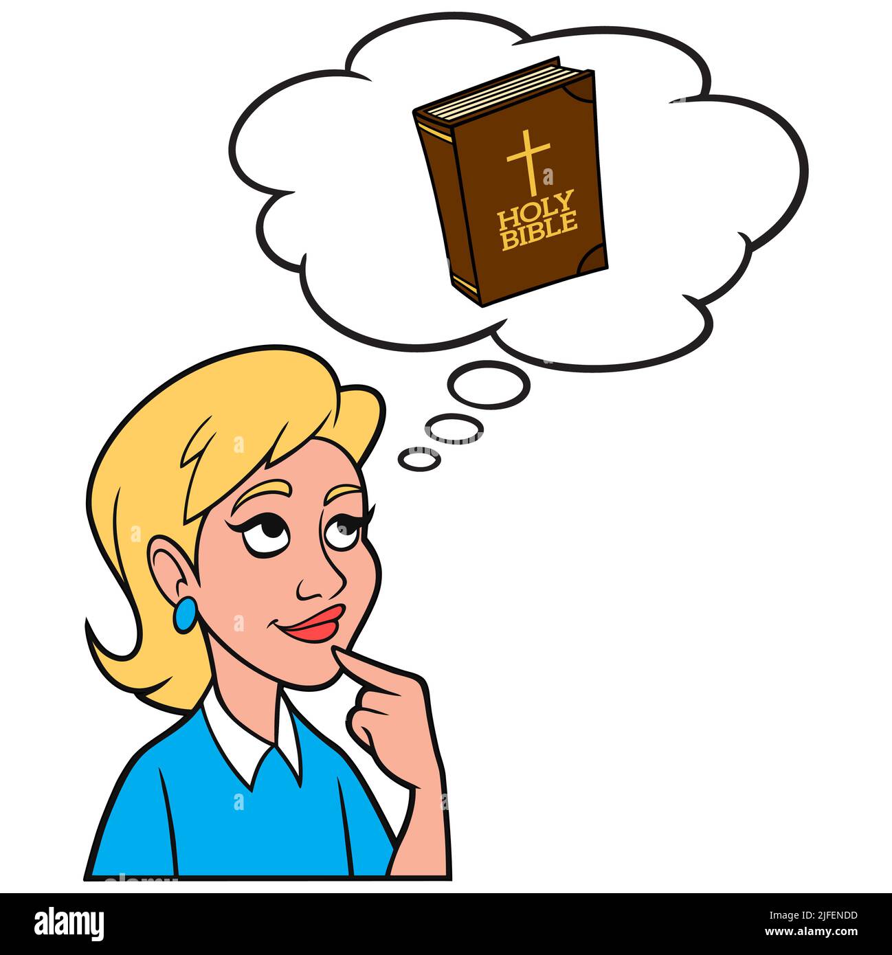 Ragazza che pensa a una Bibbia - Un'illustrazione cartoon di una ragazza che pensa a un versetto della Bibbia che aveva letto. Illustrazione Vettoriale