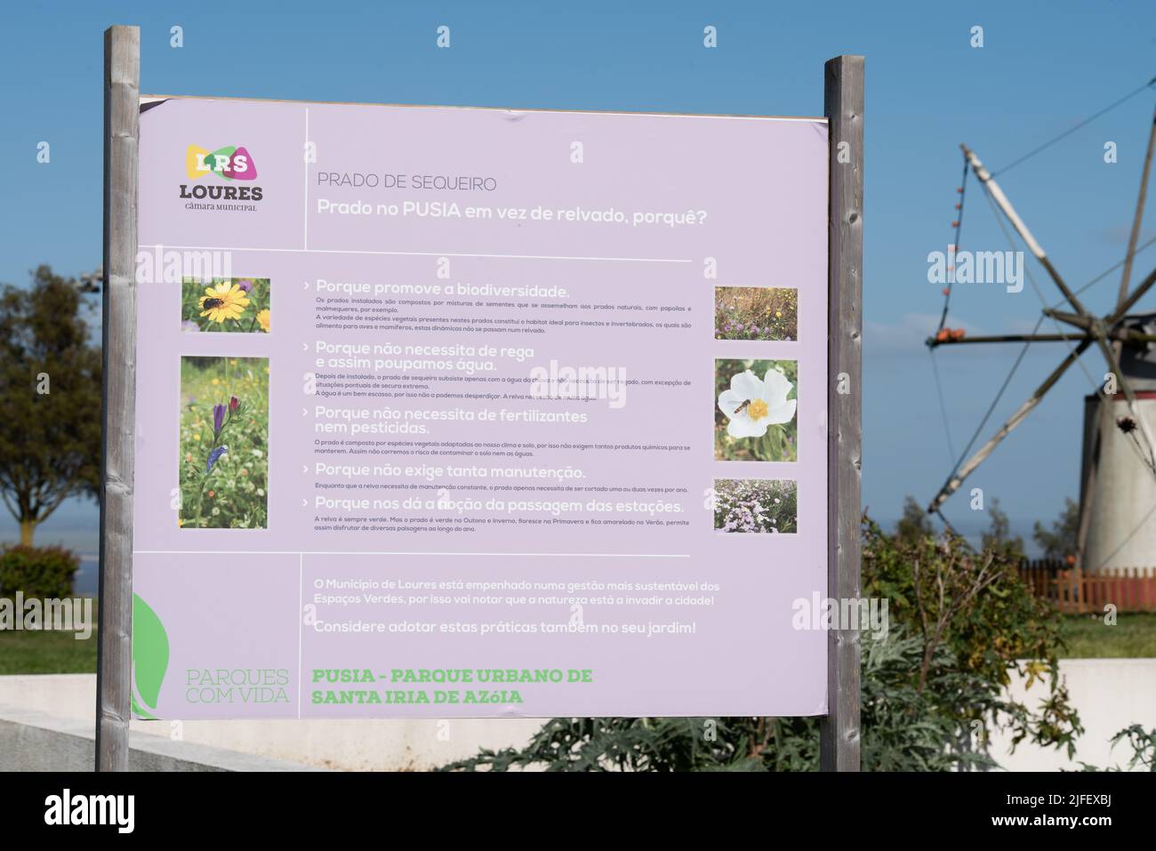 Informazioni sul piano di gestione più sostenibile per gli spazi verdi del Parco Urbano di Santa Iria de Azoia a Loures, Portogallo Foto Stock