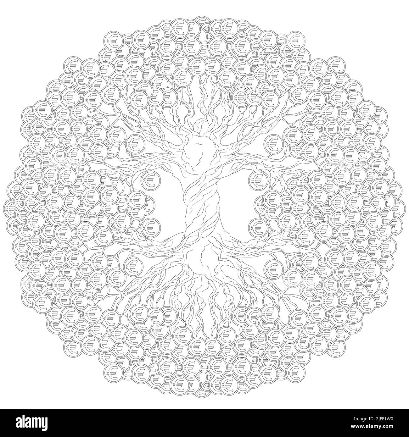 Albero di denaro con monete IN EURO. Un tradizionale feng shui simbolo per attrarre ricchezza e prosperità. Illustrazione nera. Illustrazione Vettoriale Albero di denaro con monete IN EURO. Un tradizionale feng shui simbolo per attrarre ricchezza e prosperità. Illustrazione nera. Illustrazione Vettoriale