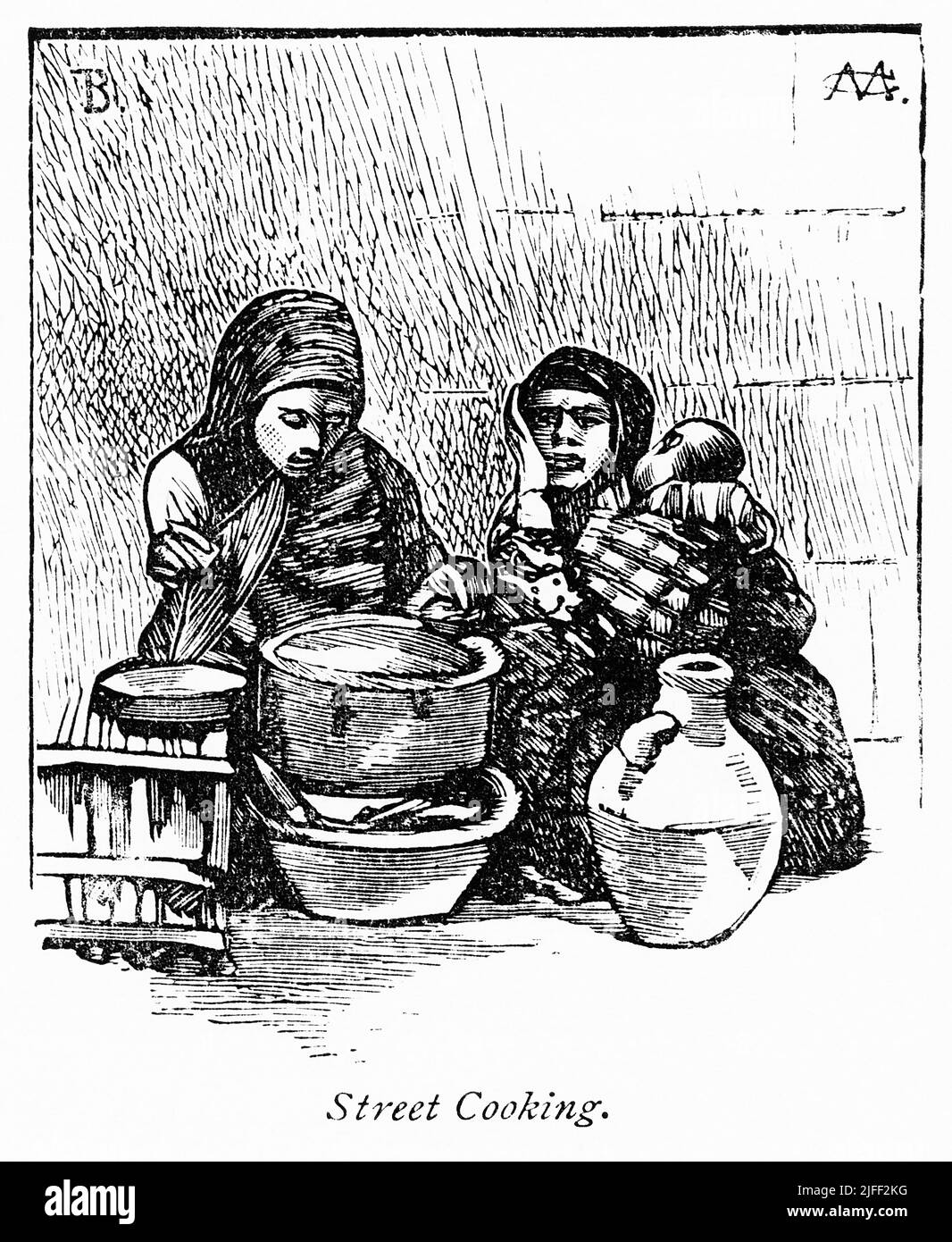Street Cooking, Illustrazione dal Libro, 'dal faraone a Fellah' di C.F. Moberly Bell con illustrazioni di Georges Montbard, inciso da Charles Barbant, Wells Gardner, Darton, & Co., Londra, 1888 Foto Stock
