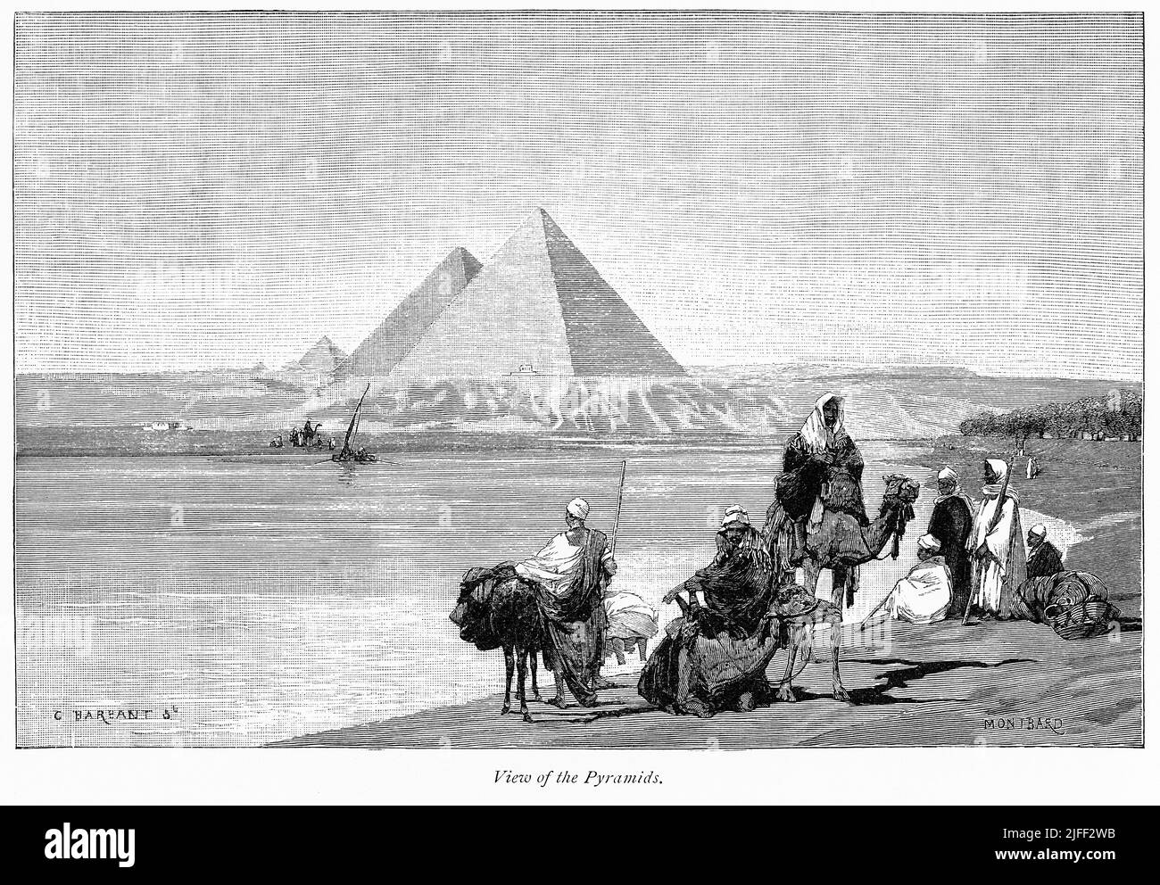 Vista delle Piramidi, Illustrazione dal Libro, 'dal faraone a Fellah' di C.F. Moberly Bell con illustrazioni di Georges Montbard, inciso da Charles Barbant, Wells Gardner, Darton, & Co., Londra, 1888 Foto Stock