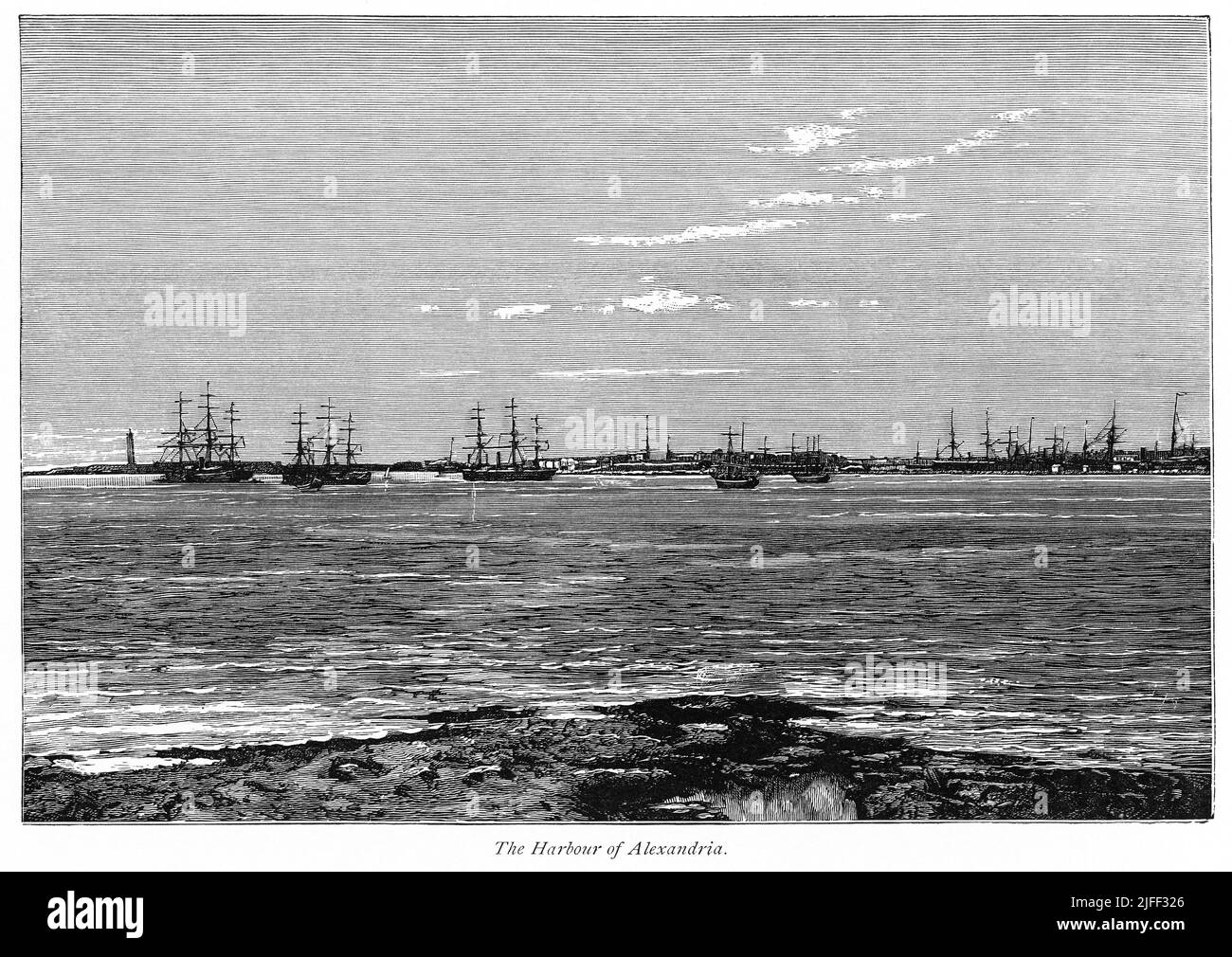 Porto di Alessandria, Illustrazione dal Libro, 'dal faraone a Fellah' di C.F. Moberly Bell con illustrazioni di Georges Montbard, inciso da Charles Barbant, Wells Gardner, Darton, & Co., Londra, 1888 Foto Stock