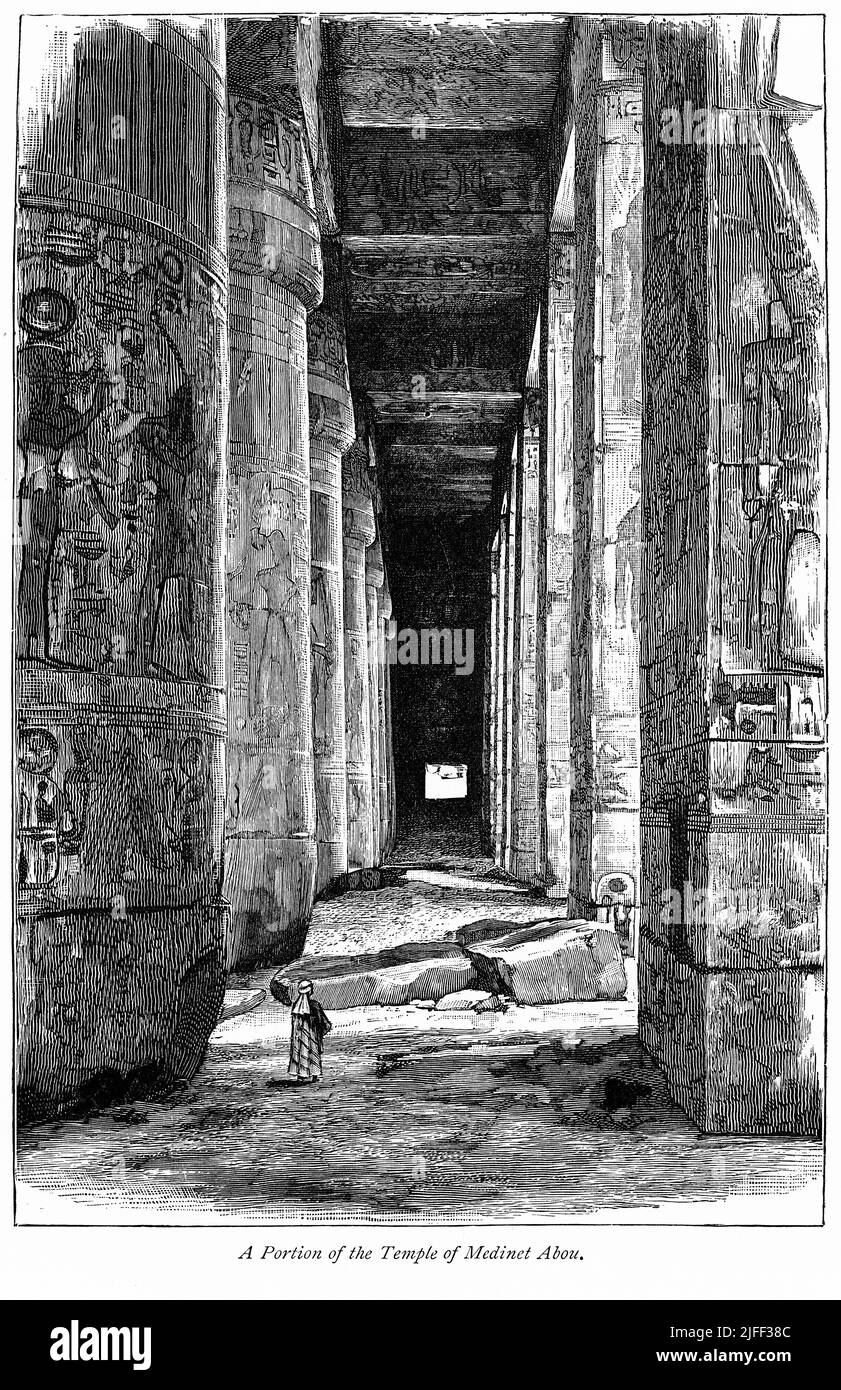 Una porzione del Tempio di Medinet Abou (Habu), illustrazione dal Libro, 'dal Faraone a Fellah' di C.F. Moberly Bell con illustrazioni di Georges Montbard, inciso da Charles Barbant, Wells Gardner, Darton, & Co., Londra, 1888 Foto Stock