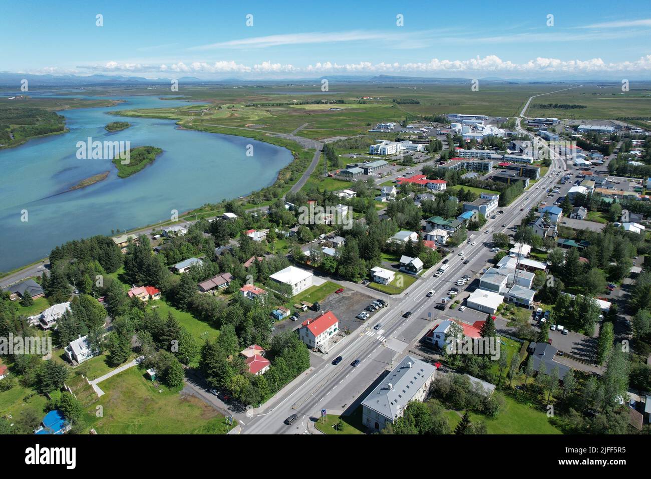 Selfoss, Islanda. Vista con droni. Foto Stock