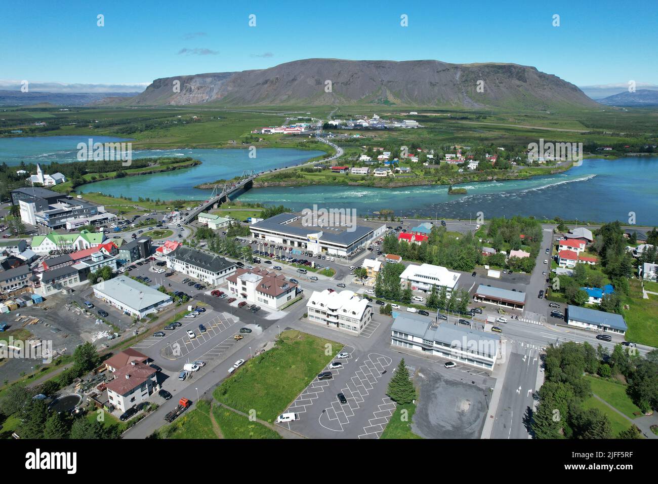 Selfoss, Islanda. Vista con droni. Foto Stock