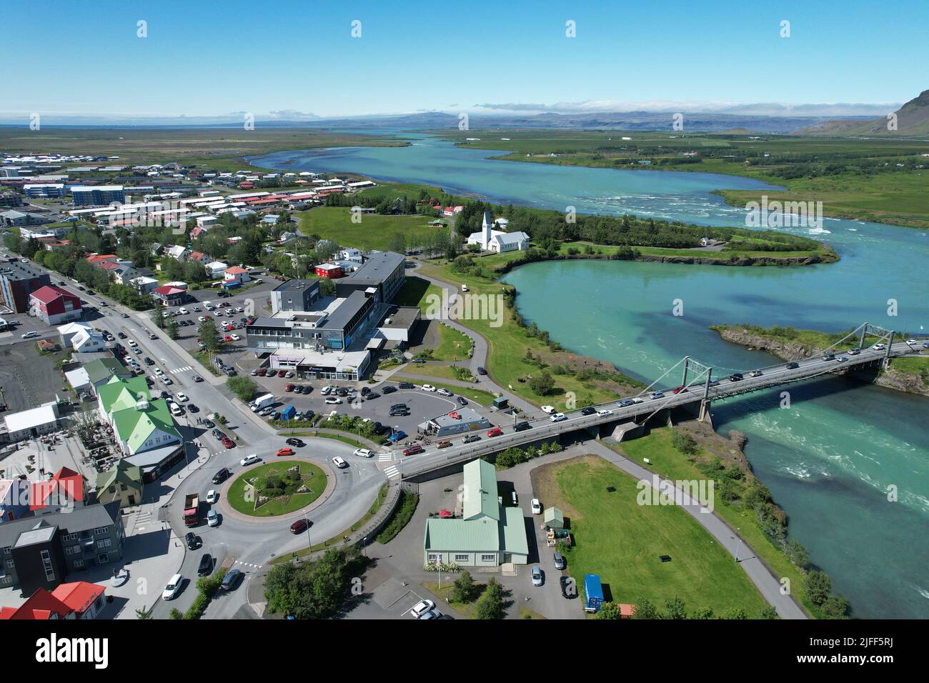 Selfoss, Islanda. Vista con droni. Foto Stock