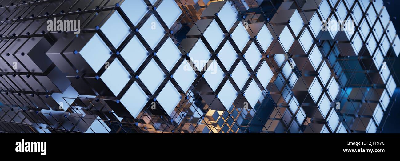 Cubi di metallo su un astratto background tecnologico. Astratto background tecnologico, banner per il vostro design. 3d rendering... Foto Stock