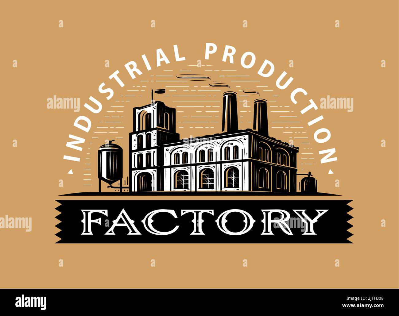 Modello di design industriale con logo di fabbrica. Industria, produzione vintage emblema vettore Illustrazione Vettoriale