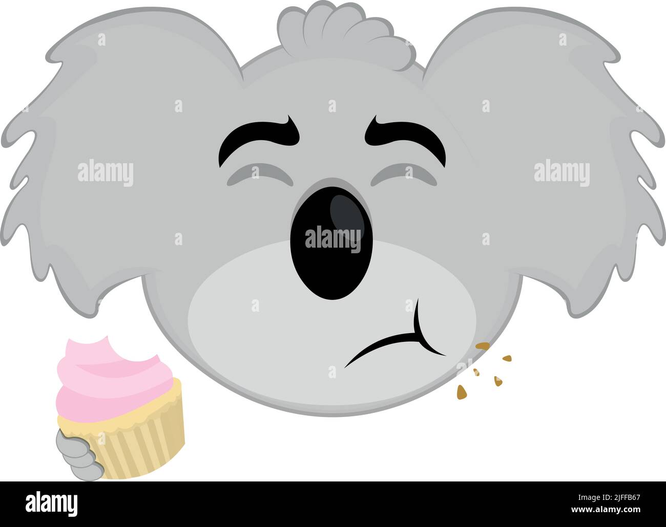 Illustrazione vettoriale della faccia di un cartone animato koala che mangia un cupcake o un muffin Illustrazione Vettoriale