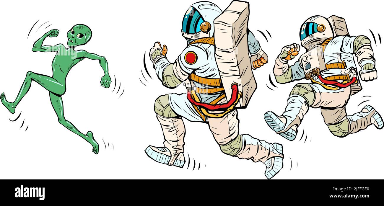 Gli astronauti stanno correndo dopo l'alieno. Polizia spaziale Illustrazione Vettoriale