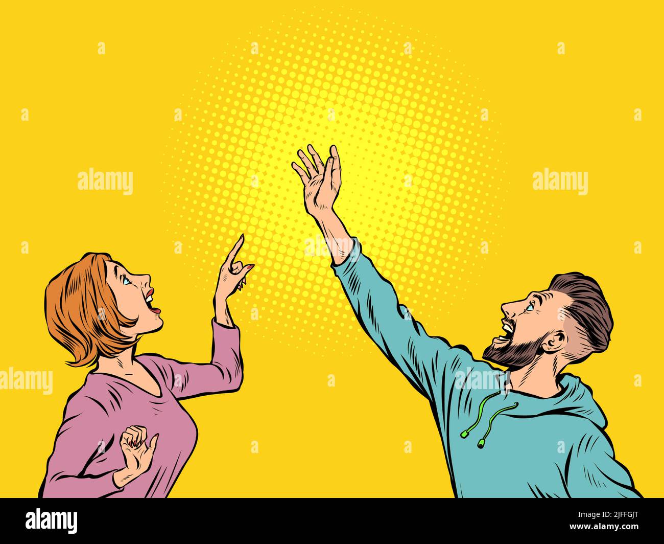 Donna e uomo accoppiano la gente punto con la loro mano. Template annuncio pubblicità news vendita. Stile pop art Illustrazione Vettoriale