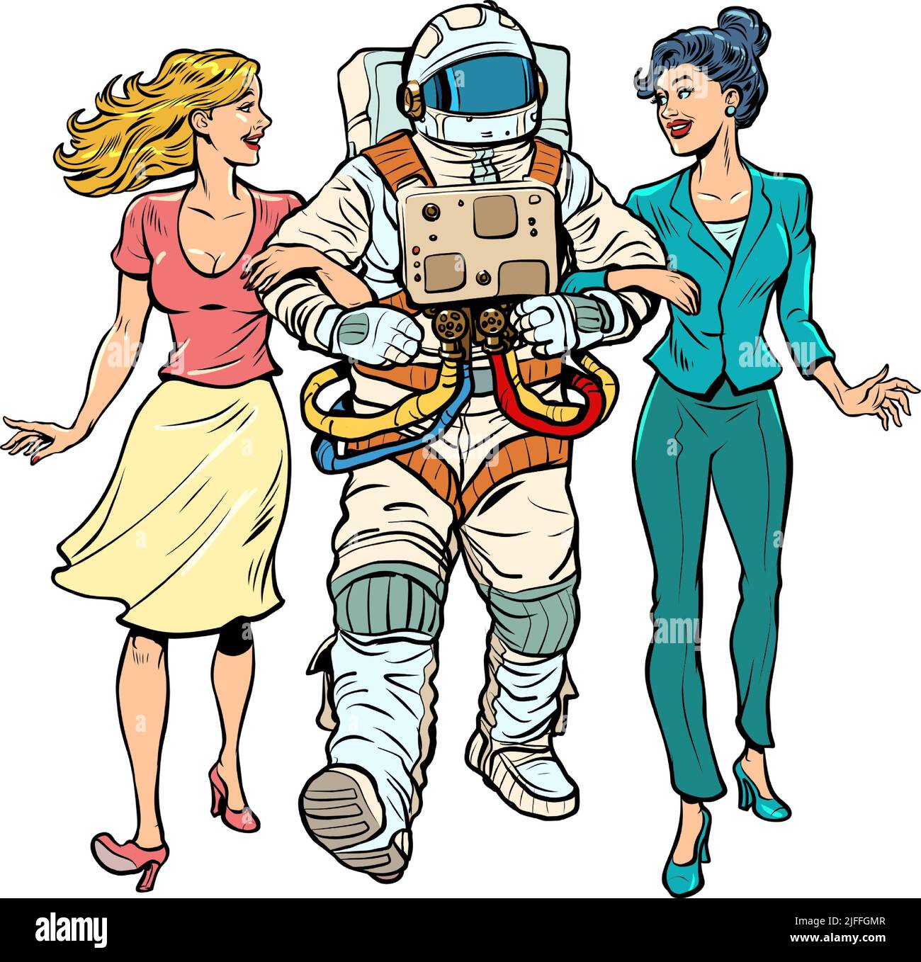 Data. Un astronauta con due ragazze. Matrimonio non convenzionale. Gli amici stanno camminando Illustrazione Vettoriale