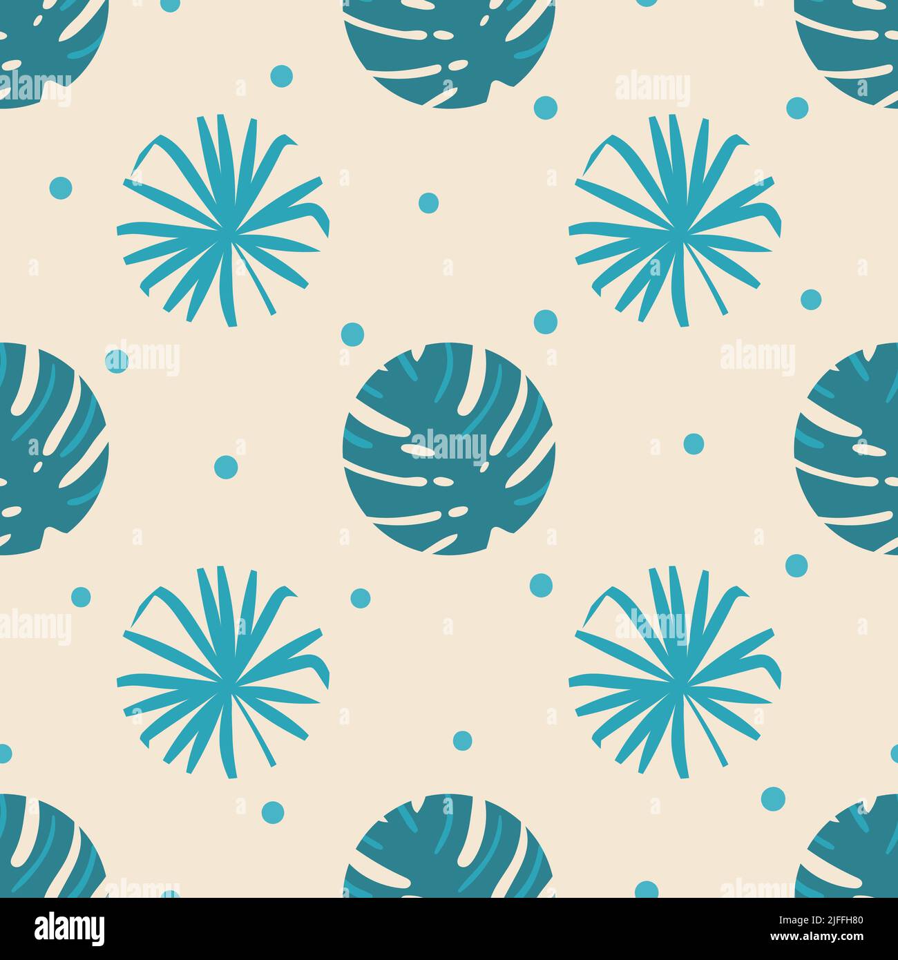 Disegno tropicale senza giunture con foglie esotiche. Stampa a punti Summer polka. Illustrazione Vettoriale