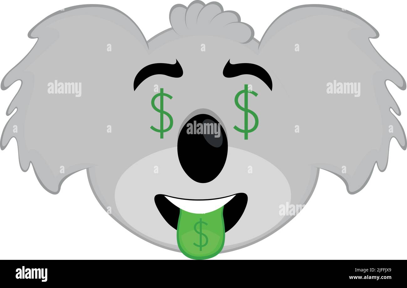 Illustrazione vettoriale del volto di un cartone animato koala con il simbolo del dollaro sugli occhi e sulla lingua Illustrazione Vettoriale
