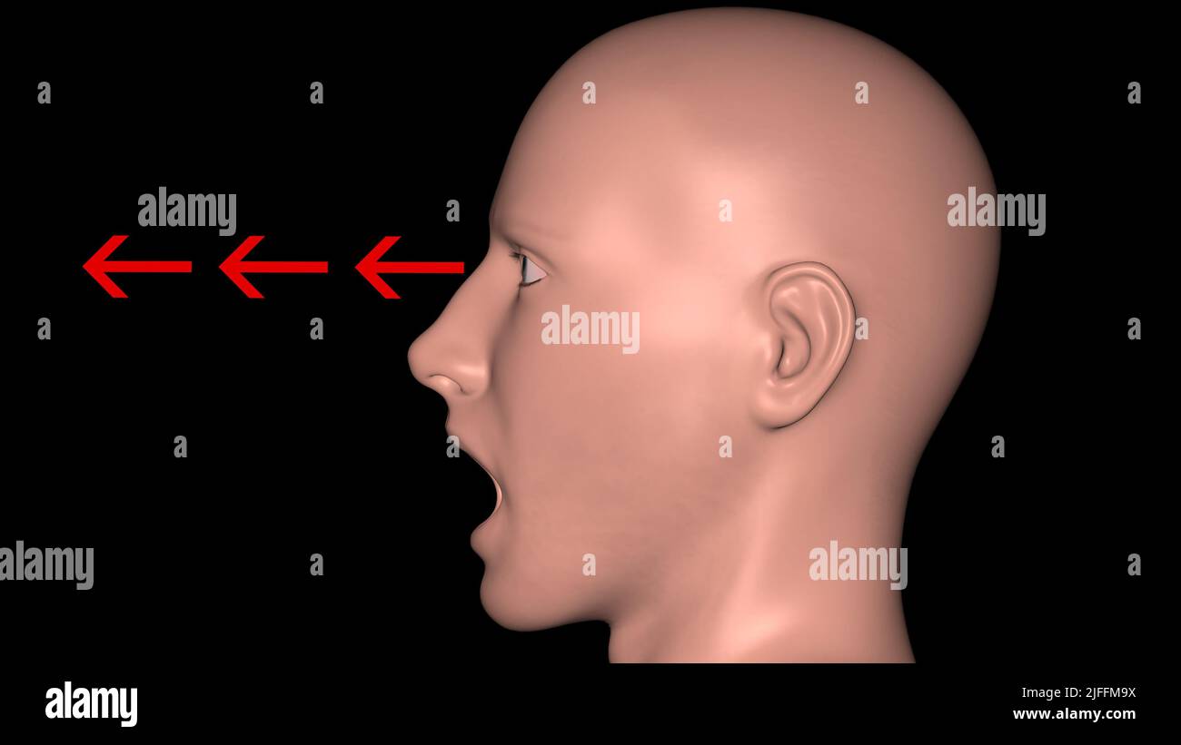 Frecce uscenti occhi , testa . Persona con frecce che vanno fuori occhio. Flusso di frecce che lasciano gli occhi. 3d rappresentazione illustrazione Foto Stock