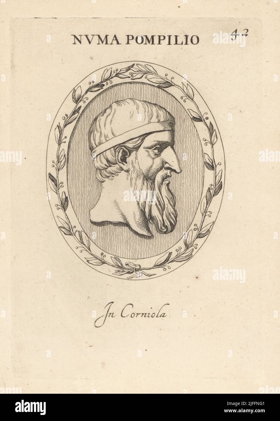 Busto di Numa Pompilio, c.. 753–672 a.C., leggendario secondo re di Roma, succeduto a Romolo. Visto sulle monete d'argento. In carnelia. NUMA Pompilio. In corniola. Incisione copperplate di Giovanni Battista Galestruzzi dopo Leonardo Agostini di Gemmae et Sculpturae Antiquae Depitti ab Leonardo Augustino Senesi, Abraham Blooteling, Amsterdam, 1685. Foto Stock