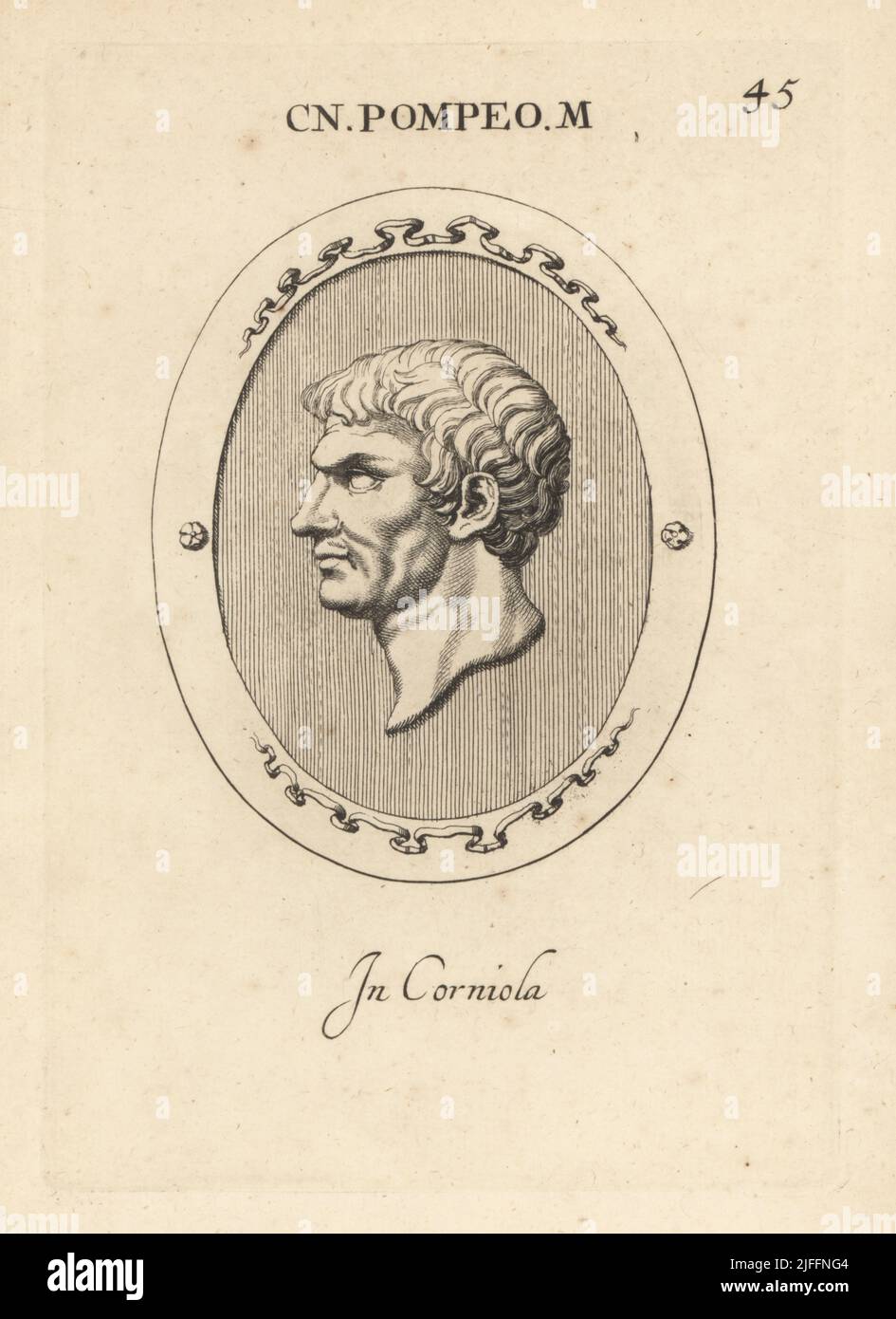 Busto di Gnaeus Pompeo Magnus o Pompeo il Grande, generale e statista romano di spicco, 106 a.C. – 48 a.C. In carnelia. CN Pompeo M. in corniola. Incisione copperplate di Giovanni Battista Galestruzzi dopo Leonardo Agostini di Gemmae et Sculpturae Antiquae Depitti ab Leonardo Augustino Senesi, Abraham Blooteling, Amsterdam, 1685. Foto Stock