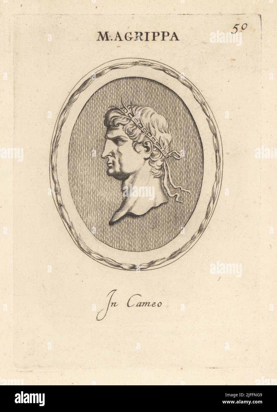 Busto di Marcus Vipsanius Agrippa, generale romano, statista e architetto, c.. 63 A.C. – 12 A.C. In corona rostrale. Marco Agrippa. In cameo. Incisione copperplate di Giovanni Battista Galestruzzi dopo Leonardo Agostini di Gemmae et Sculpturae Antiquae Depitti ab Leonardo Augustino Senesi, Abraham Blooteling, Amsterdam, 1685. Foto Stock