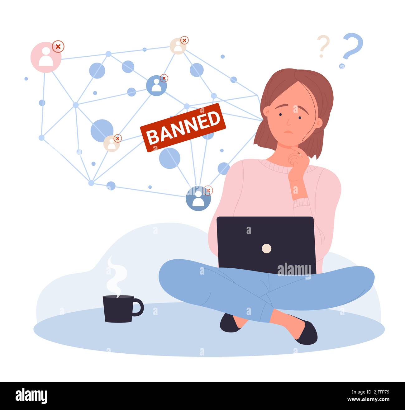 Restrizioni sull'accesso alle reti di social media e al blocco dei contatti. Cartoon Sad girl utente seduto con laptop, lista di comunicazione non disponibile e bloccato flat vettore illustrazione. Concetto di censura Illustrazione Vettoriale