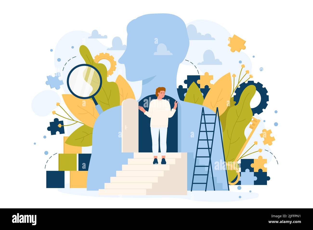 Apra la mente per la carriera futura, la comunicazione, la crescita di affari ed il progresso di successo. Uomo cartoon in piedi sulla scala per aprire la porta all'interno della silhouette umana illustrazione vettoriale piatta. Concetto di salute mentale Illustrazione Vettoriale