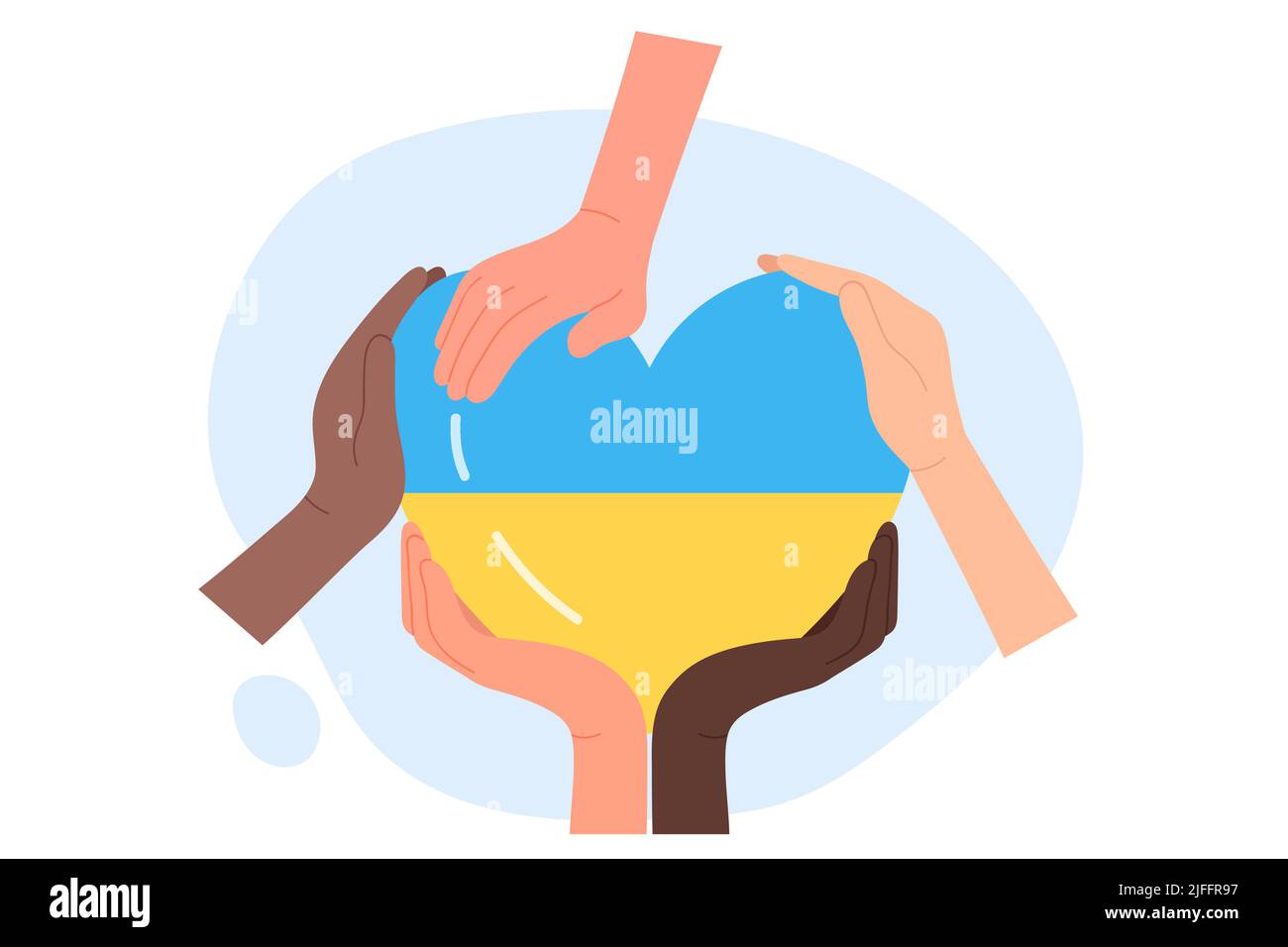 Mani di volontari che tengono insieme il cuore con bandiera Ucraina. Sostegno, assistenza e aiuto all'Ucraina da parte della comunità di persone flat vettore illustrazione. Solidarietà, concetto di aiuto umanitario Illustrazione Vettoriale