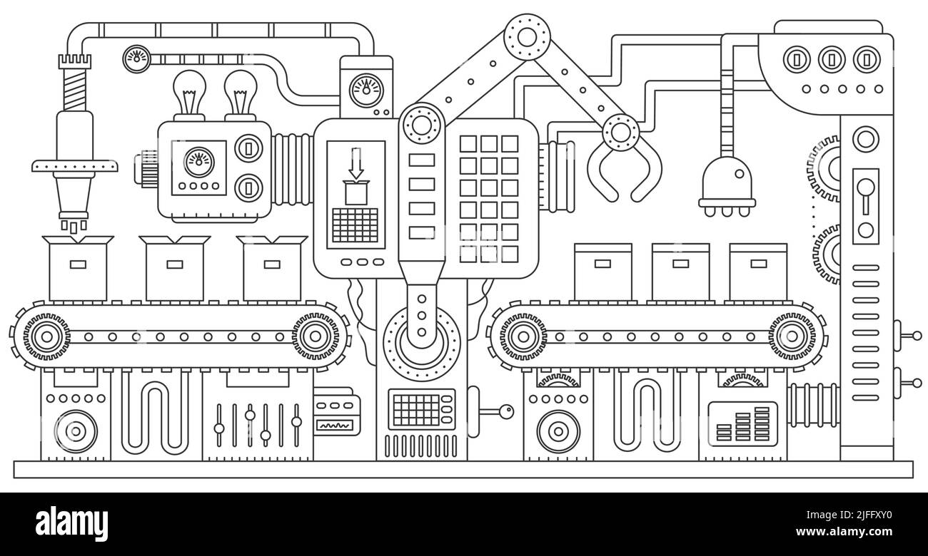 Industria produzione, produzione e trasporto macchine infografica sottile linea illustrazione vettoriale. Catena astratta di montaggio in fabbrica, macchine automatiche per la movimentazione di scatole e la distribuzione Illustrazione Vettoriale