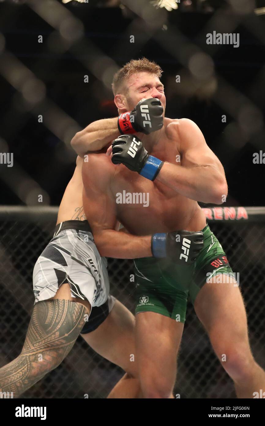 LAS VEGAS, NV - 2 LUGLIO: (L-R) Brad Tavares punch Dricus Du Plessis nel loro Middleweight bout alla UFC 276 alla T-Mobile Arena il 2 luglio 2022 a Las Vegas, Nevada, Stati Uniti. (Foto di Alejandro Salazar/PxImages) Foto Stock