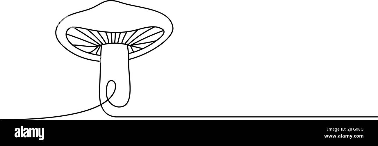Disegno continuo a una linea a fungo. Illustrazione continua a fungo con una riga. Illustrazione lineare vettoriale minimalista Illustrazione Vettoriale