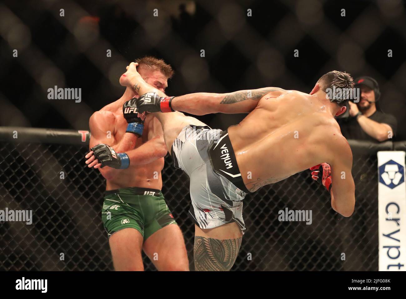 LAS VEGAS, NV - LUGLIO 2: (R-L) Brad Tavares dà il via a Dricus Du Plessis nel loro "Middleweight bout" all'UFC 276 presso la T-Mobile Arena il 2 luglio 2022 a Las Vegas, Nevada, Stati Uniti. (Foto di Alejandro Salazar/PxImages) Foto Stock