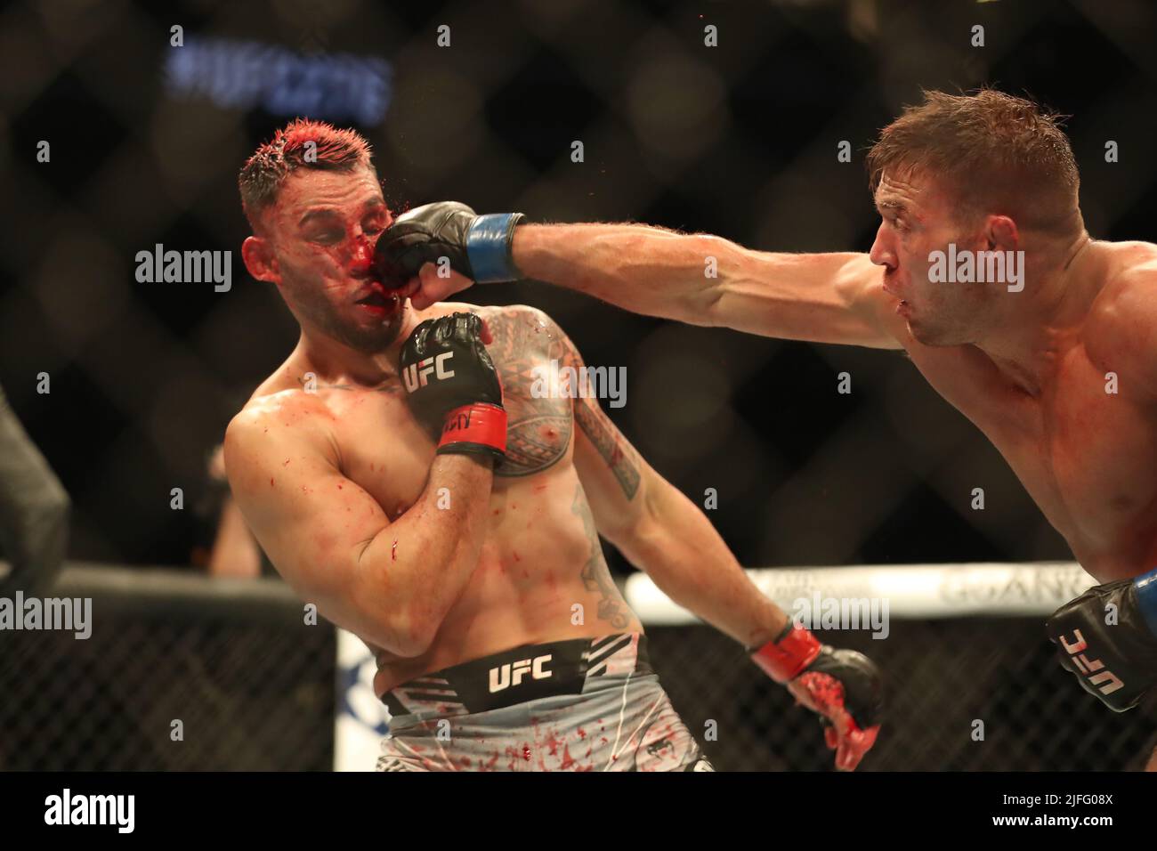 LAS VEGAS, NV - 2 LUGLIO: (R-L) Dricus Du Plessis punches Brad Tavares nel loro Middleweight bout alla UFC 276 alla T-Mobile Arena il 2 luglio 2022 a Las Vegas, Nevada, Stati Uniti. (Foto di Alejandro Salazar/PxImages) Foto Stock
