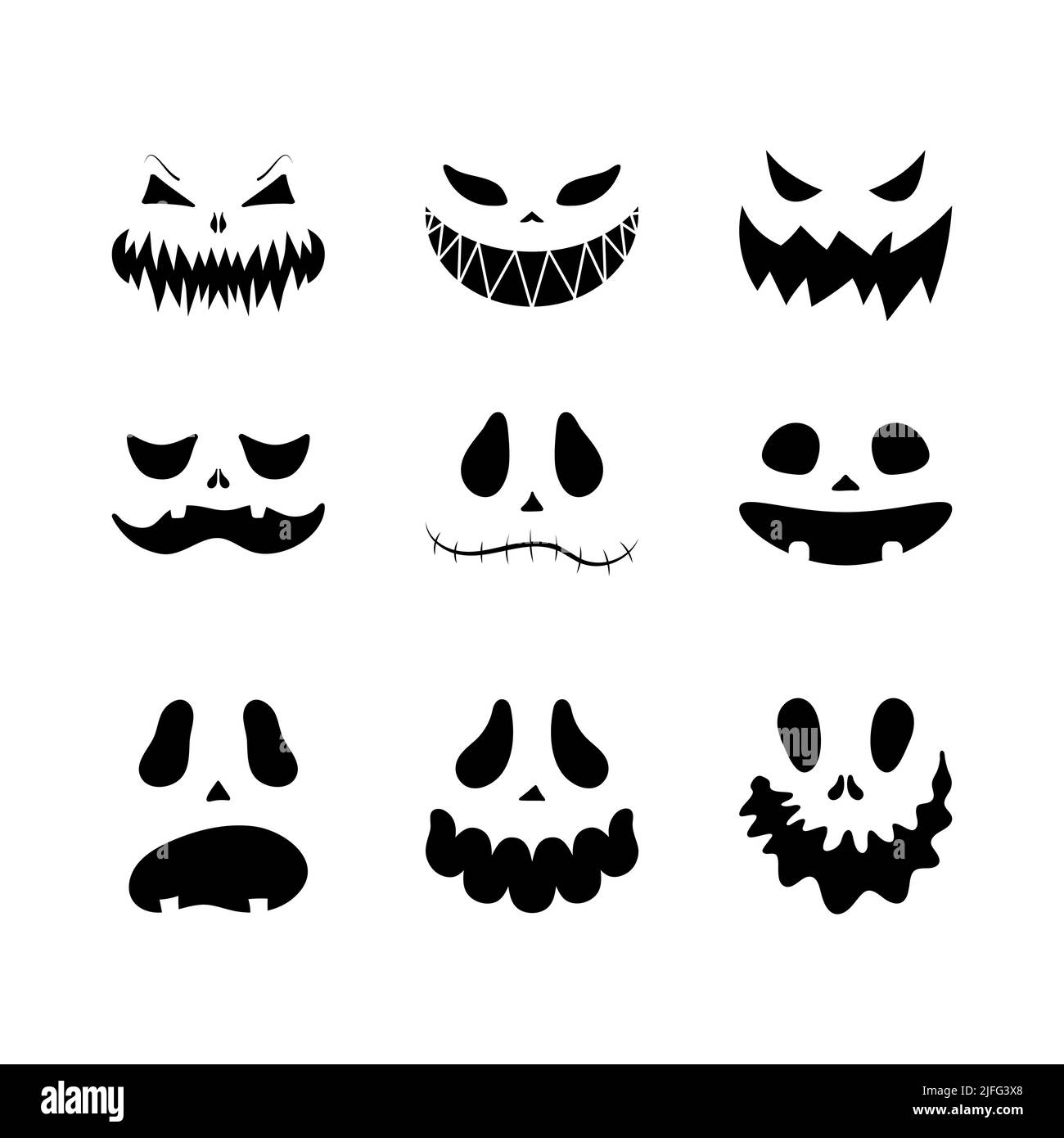 Set di volti spaventosi sorridenti per Halloween. Illustrazione vettoriale di stile piatto per poster di design, striscioni, stampa. Illustrazione Vettoriale