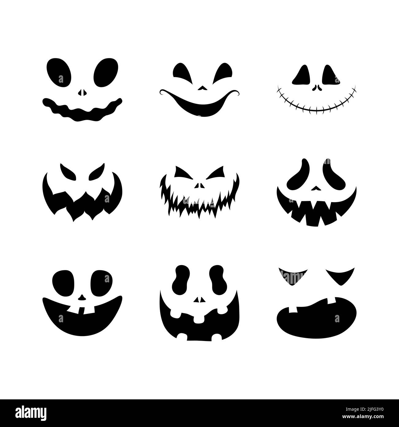 Set di volti spaventosi sorridenti per Halloween. Illustrazione vettoriale di stile piatto per poster di design, striscioni, stampa. Illustrazione Vettoriale