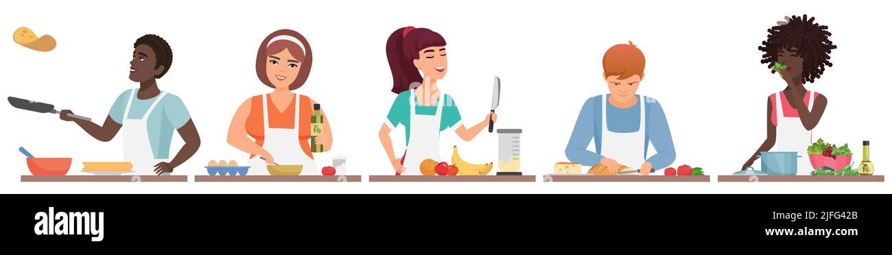 Diverse persone che cucinano cibo sano in cucina set illustrazione vettoriale. Cartone animato donna e uomo in grembiule frittelle di cottura, insalata di cottura o zuppa per la famiglia, pane tagliato isolato su bianco. Concetto culinario Illustrazione Vettoriale