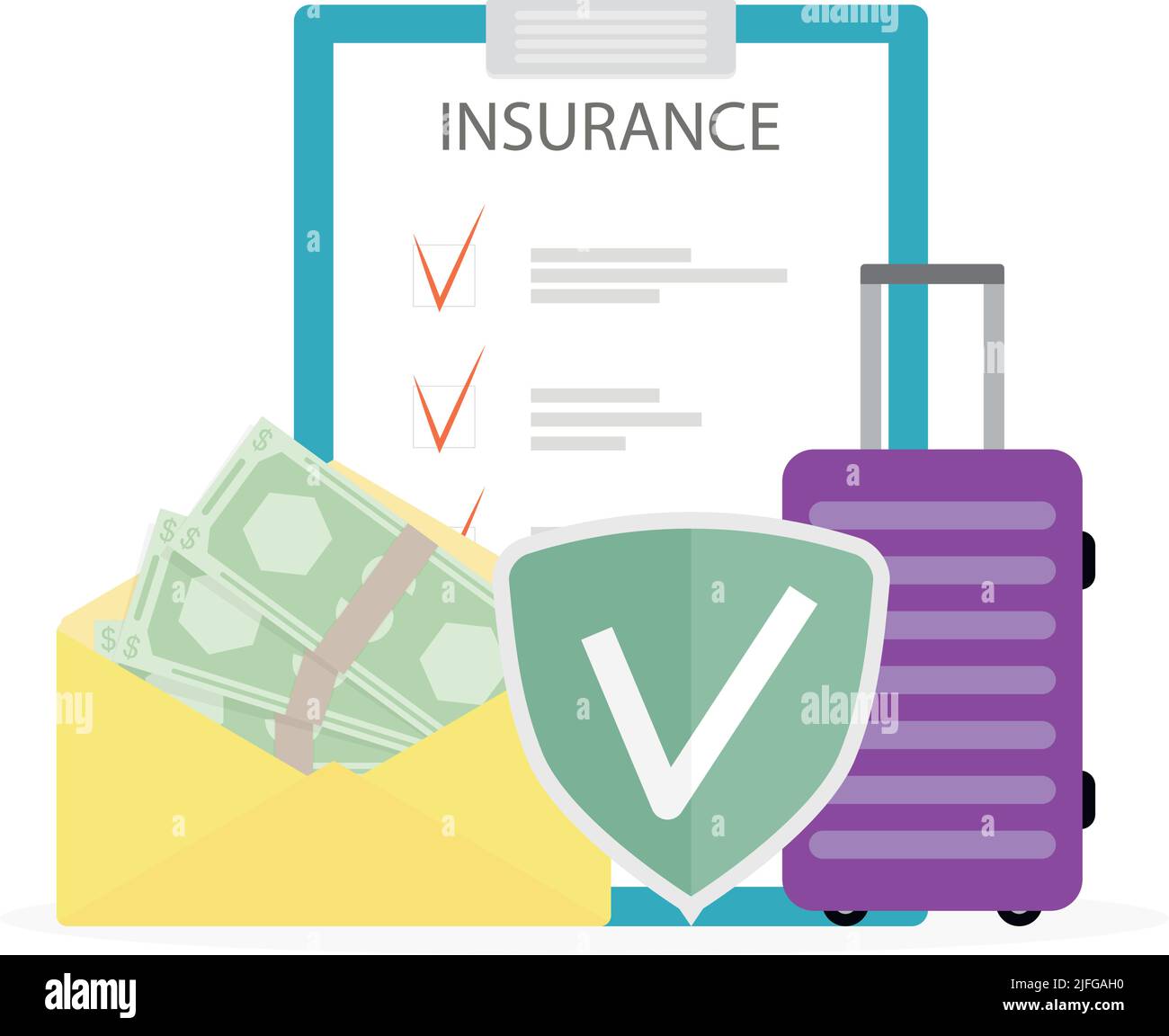 Assicurazione di viaggio, garanzia da disastro, vacanza di sicurezza. Illustrazione vettoriale. Servizio di assicurazione di viaggio, persona protezione medica, vacanza di sicurezza, Illustrazione Vettoriale