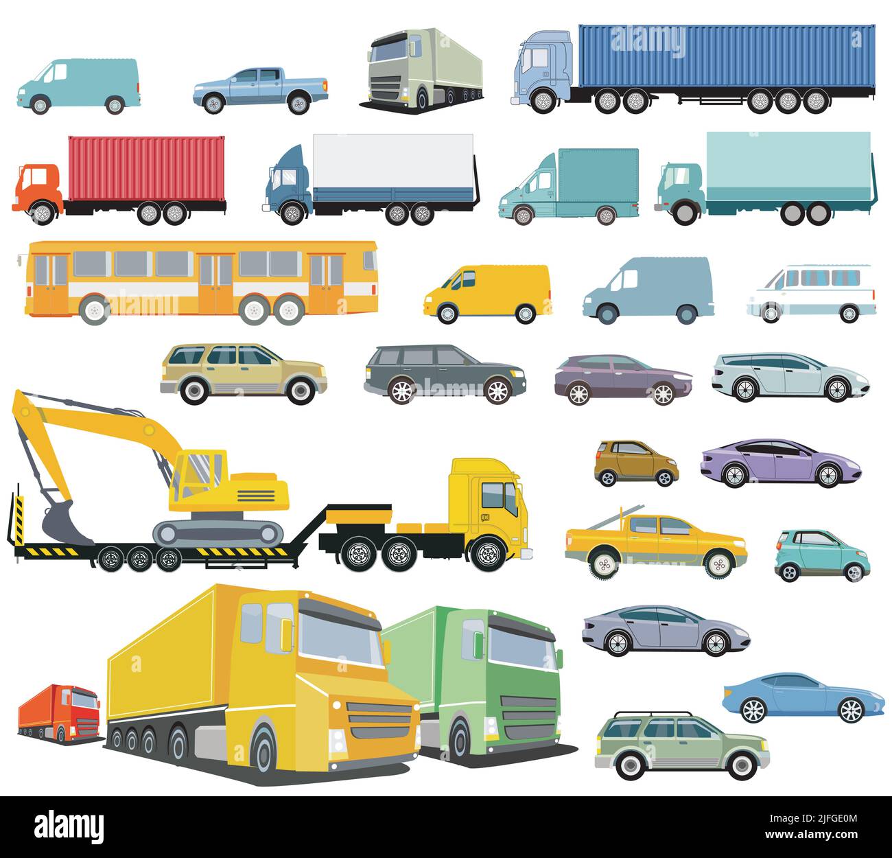 Raccolta di camion e passeggeri auto, autobus e furgone, tagliato isolato, illustrazione Illustrazione Vettoriale