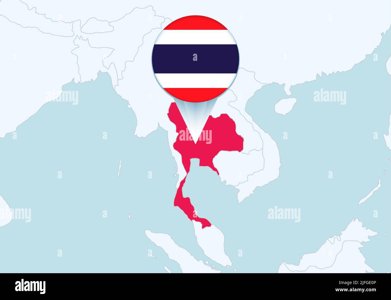 Asia con la mappa selezionata della Thailandia e l'icona della bandiera della Thailandia. Mappa vettoriale e flag. Illustrazione Vettoriale