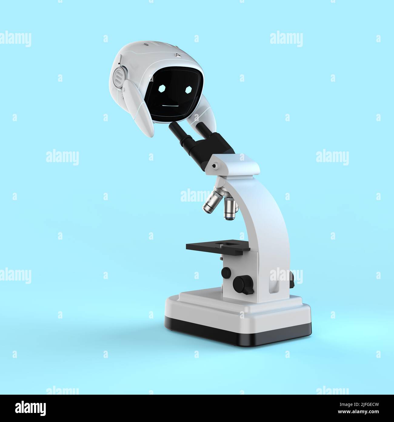3d rendering di un piccolo robot di intelligenza artificiale assistente che lavora al microscopio Foto Stock