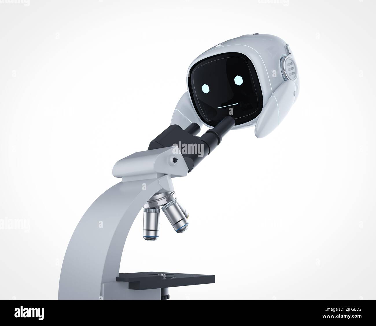 3d rendering di un piccolo robot di intelligenza artificiale assistente che lavora al microscopio Foto Stock