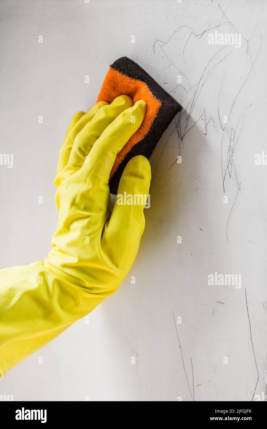 Mano femminile indossando i guanti protettivi in gomma pulendo i disegni a matita del bambino dalla parete Foto Stock
