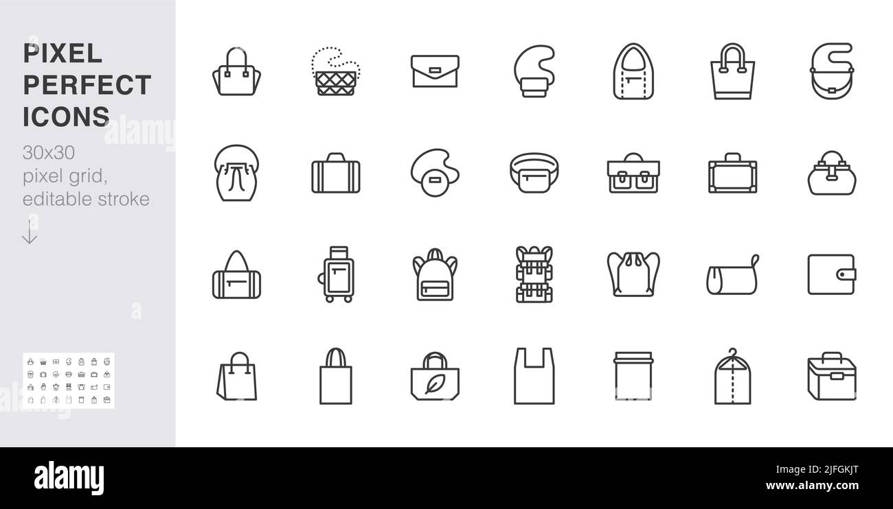 Set di icone linea sacchetti. Tipi di borsetta - borsa, valigetta, fanny pack, shopper, bagagli, busta di plastica illustrazioni vettoriali minime. Semplici segni di contorno per Illustrazione Vettoriale