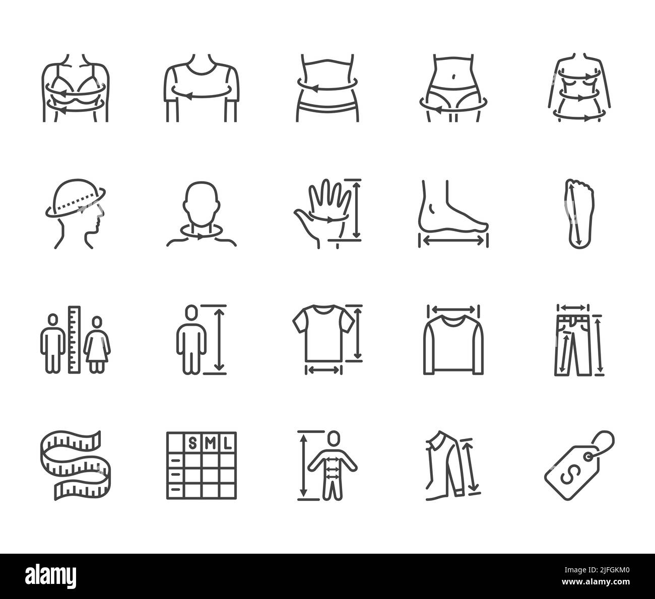 Set di icone a linea piatta per le dimensioni dei vestiti. Misurazioni del corpo circonferenza vita, anca, torace, lunghezza manica, illustrazioni vettoriali altezza. Tracciare i segni dei vestiti Illustrazione Vettoriale
