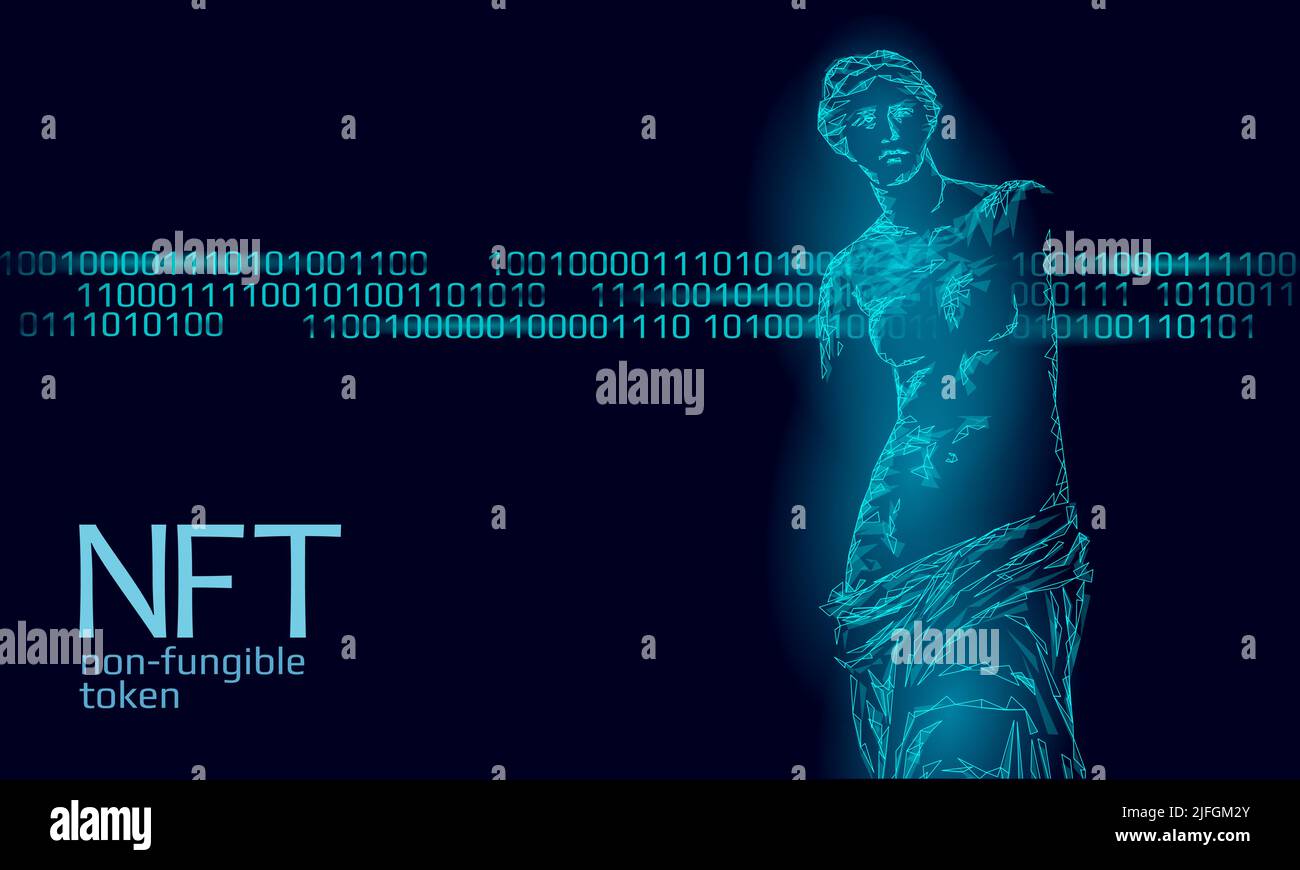 3D NFT non Fungibile criptovaluta unica. Codice di sicurezza crittografia Blockchain art. Proprietà del certificato dell'oggetto foto digitale memorizzato. Tecnologia Illustrazione Vettoriale