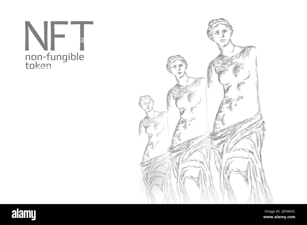 3D NFT non Fungibile criptovaluta unica. Codice di sicurezza crittografia Blockchain art. Proprietà del certificato dell'oggetto foto digitale memorizzato. Tecnologia Illustrazione Vettoriale