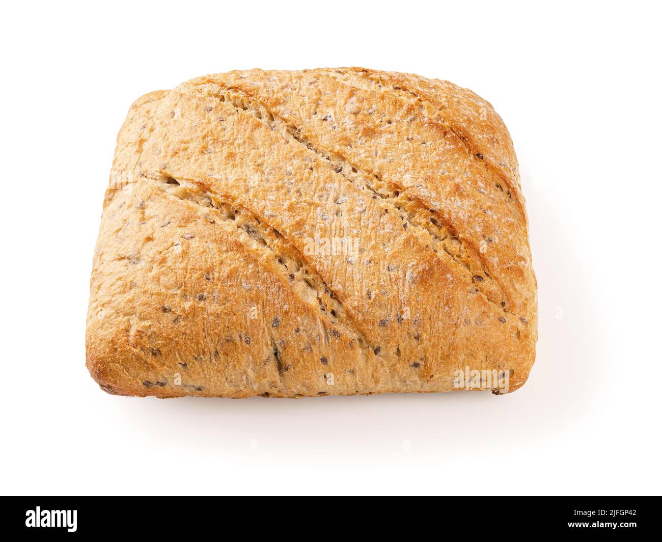 Pane integrale di grano con semi di lino isolati su sfondo bianco. Pane quadrato con deliziosa crosta croccante. Gustoso pane fatto in casa. Foto Stock