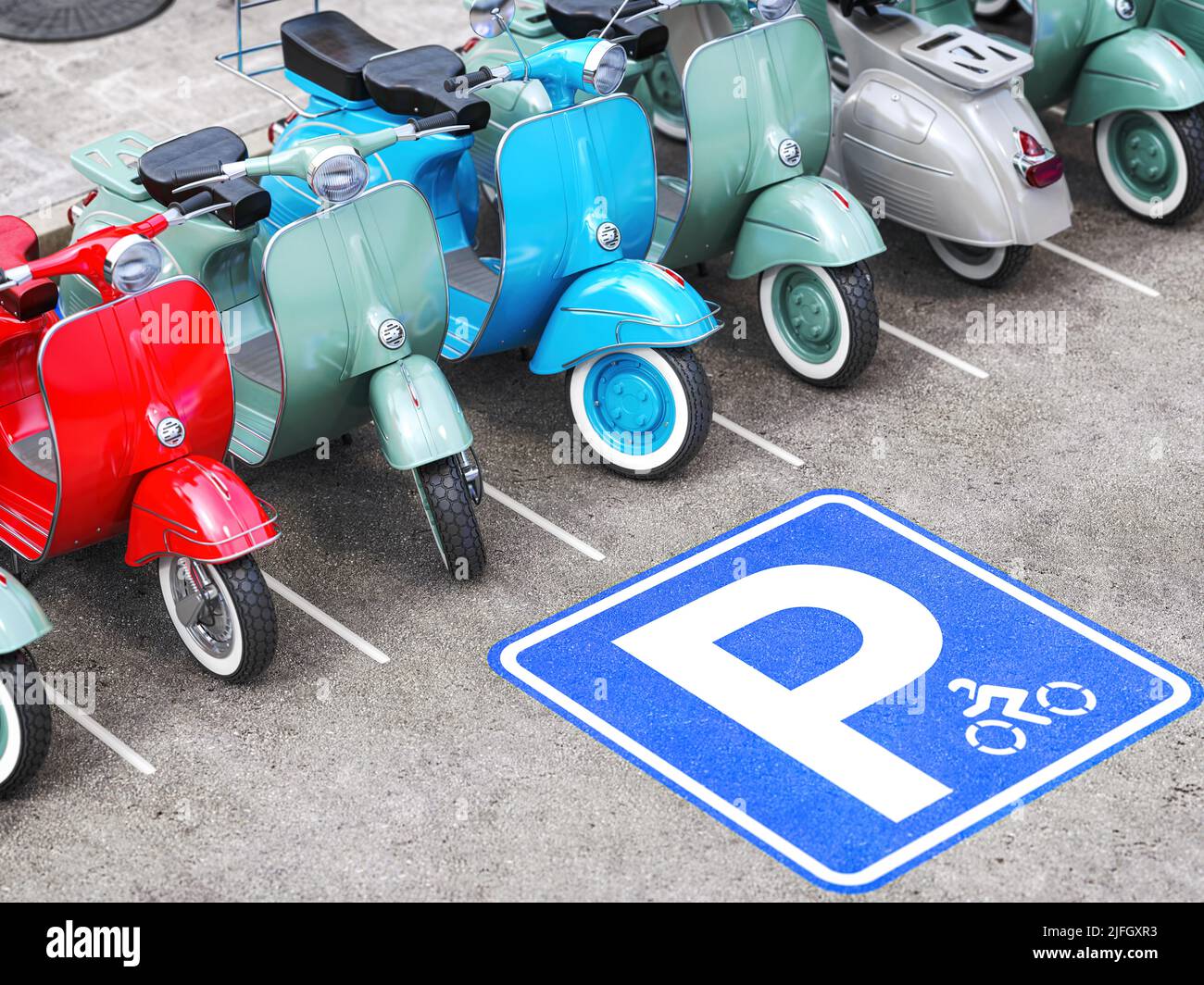 Segnale di parcheggio per scooter e motociclette e fila di ciclomotori. 3d illustrazione Foto Stock