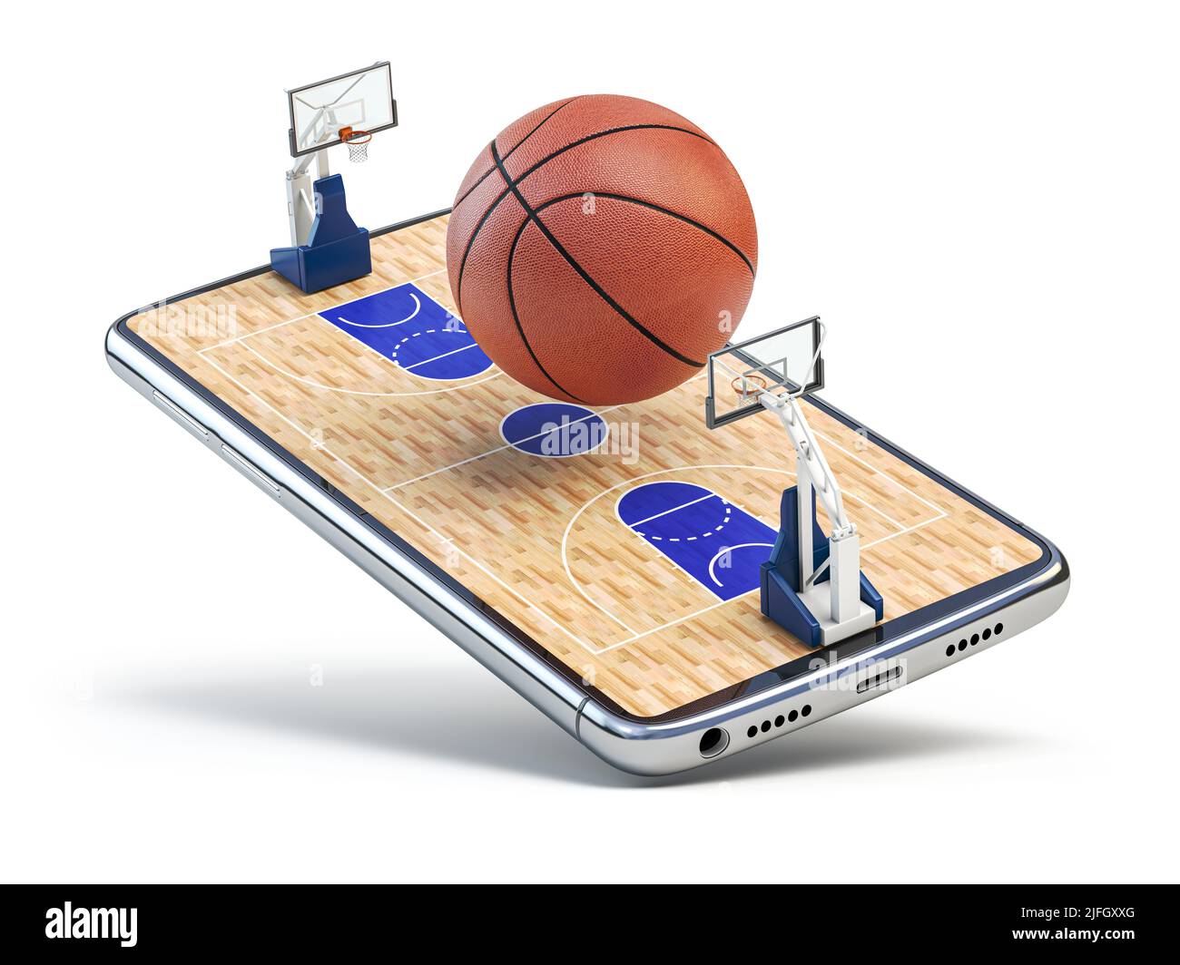 Palla da basket su un campo da basket su telefono cellulare o smartphone. Video gioco, scommesse online e guardare partita online concetto. 3d illustrazione Foto Stock