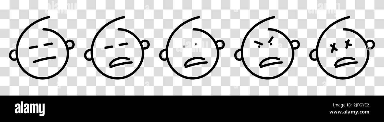 Volti emoji. Disegno vettoriale di Doodle emoji, icona di faccia triste. Illustrazione vettoriale su sfondo trasparente. Illustrazione Vettoriale