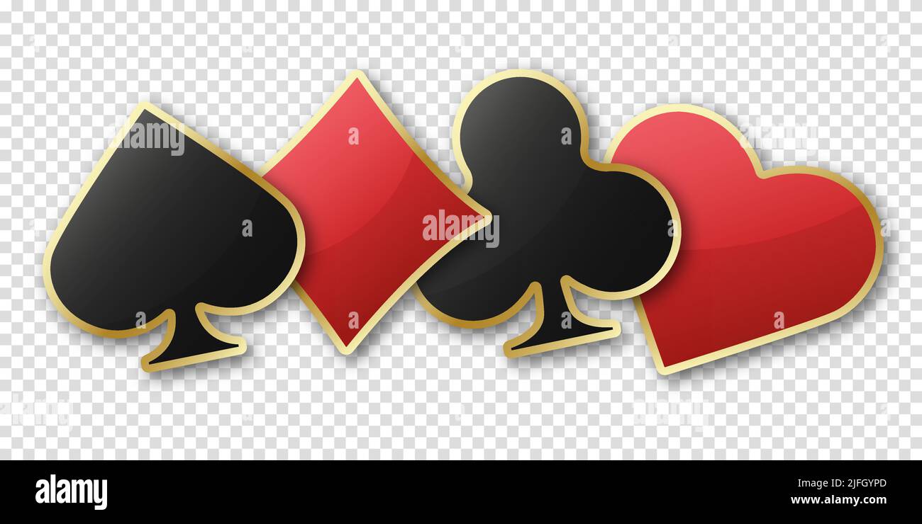 Cuori diamanti clubs spades segno. Abito da gioco lucido con bordo dorato. Chip di illustrazione vettoriale con ombre su sfondo trasparente. Illustrazione Vettoriale