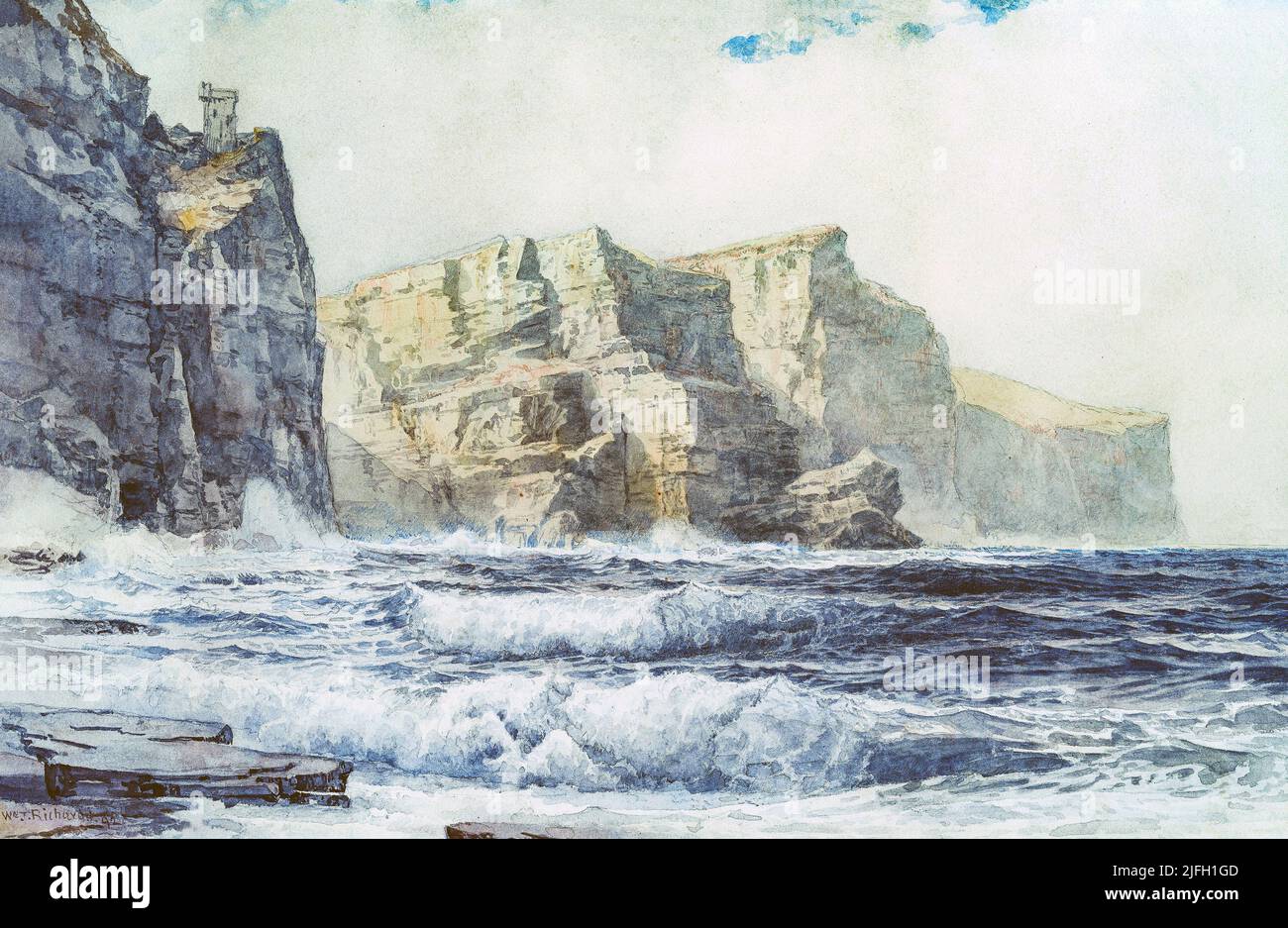 Un dipinto del 1892 di William Trost Richards, americano, (1833-1905) del Castello di Baldart che domina l'Oceano Atlantico, arroccato sul bordo delle scogliere, Kilkee, County Clare, Irlanda. Foto Stock